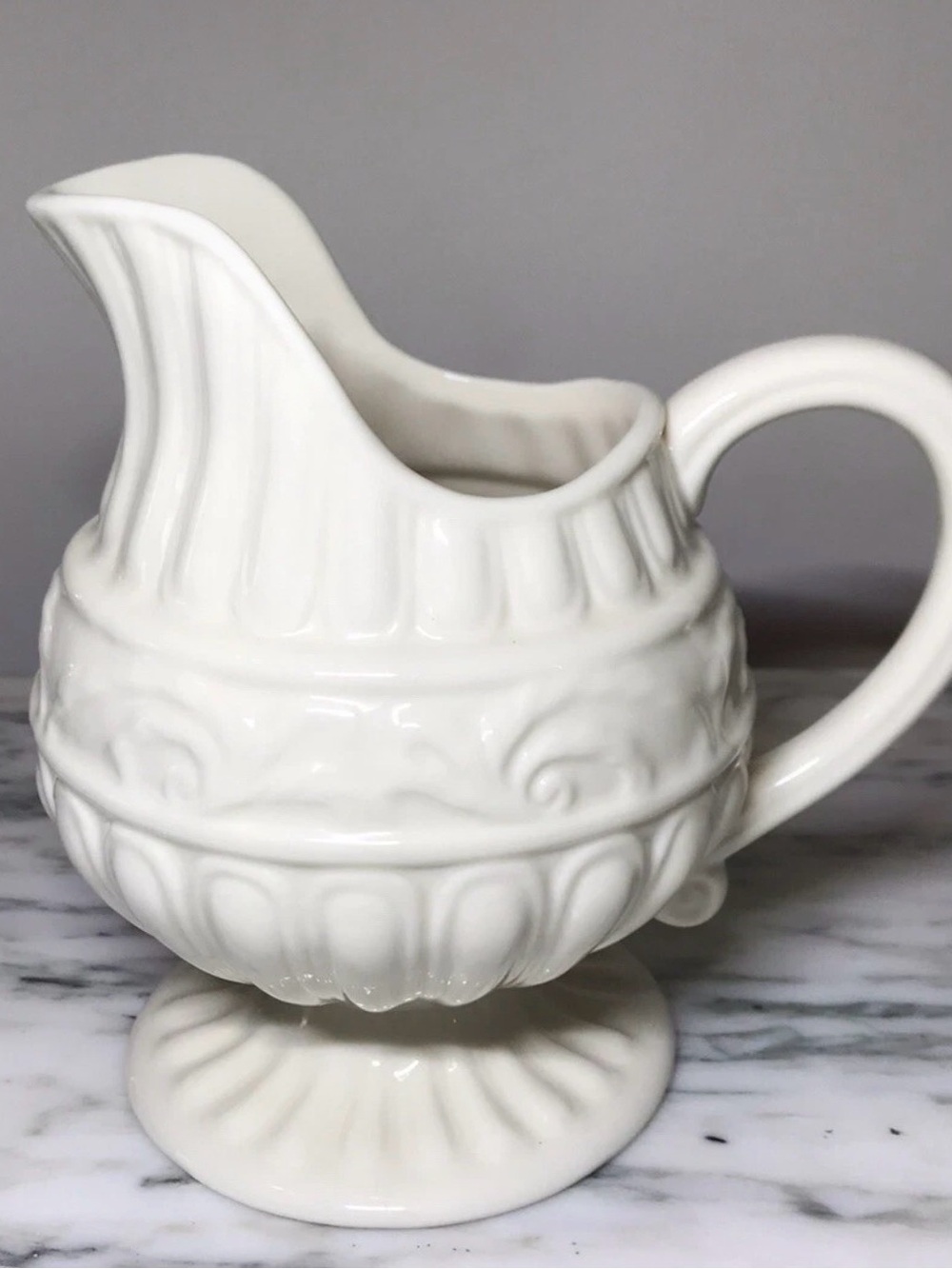 Vintage Ivory White Embossed Pedestal pitcher by Two’s Company NEW